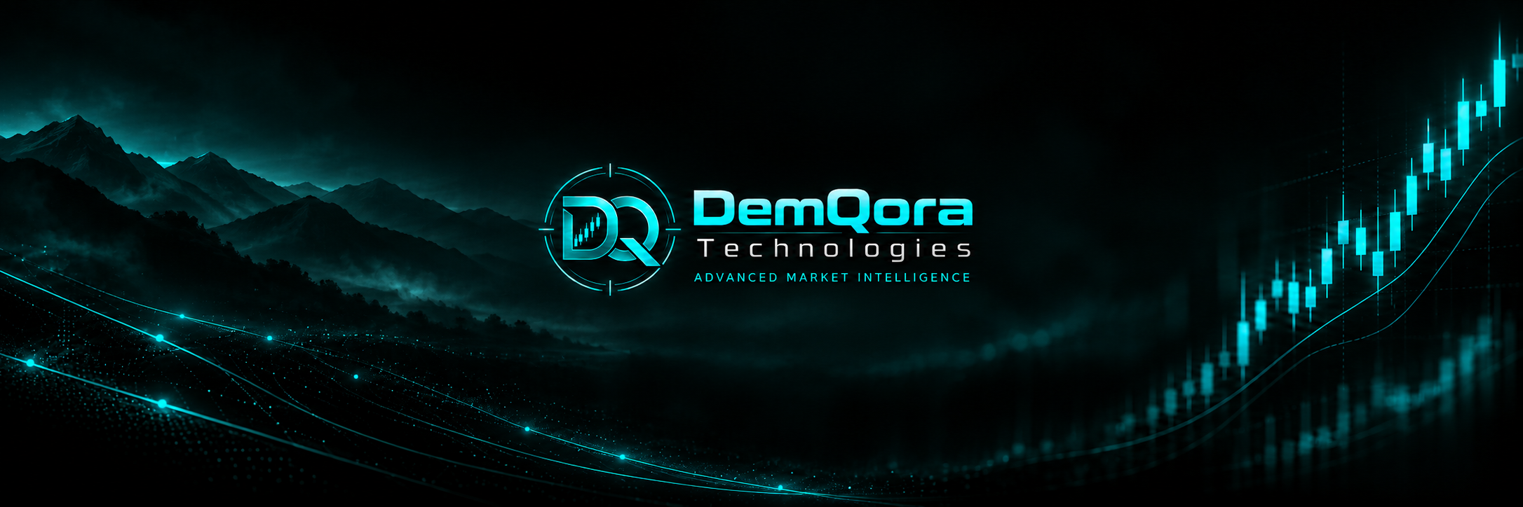 DemQora Technologies advanced market intelligence over a distant mountain landscape